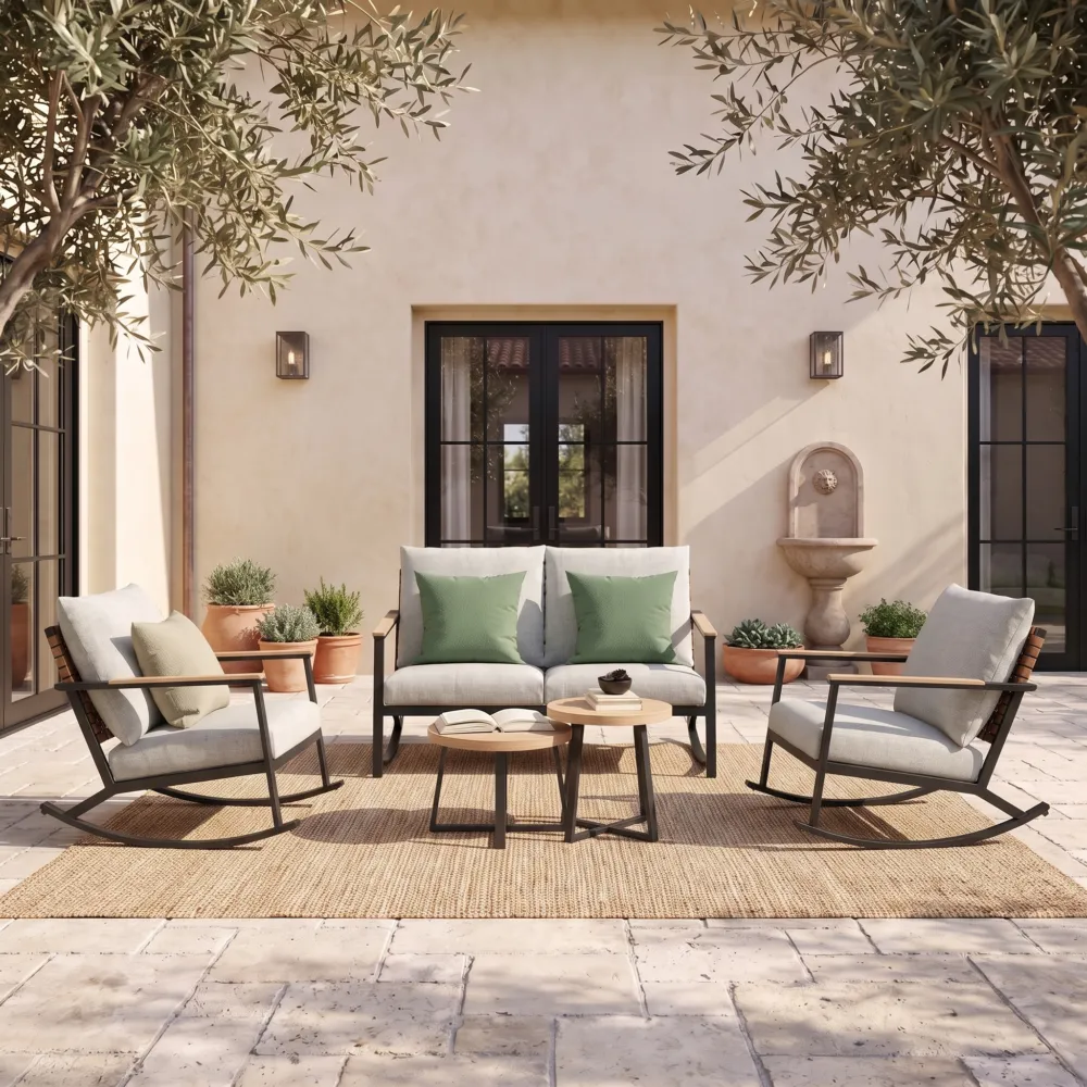4-Seat Conversation Sofa Set, Outdoor Rocking Bistro Set with Thick Cushions