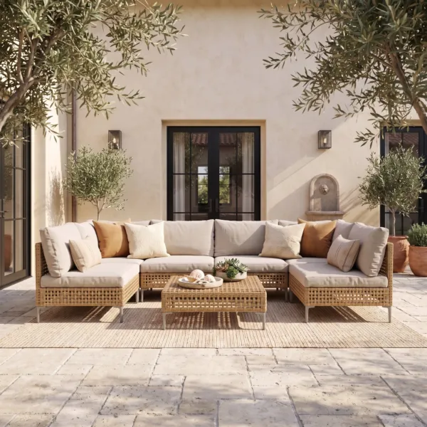 Modular Conversation Sofa Set, Wicker Outdoor Sectional with Thick Beige Cushions