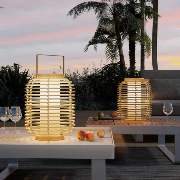 Outdoor Austin Solar Powered Floor Lamp Set of 2, 14-inch Wicker Woven LED Lamp, Water-Resistant Garden Light, Boho Style, Decor for Balcony, Porch, Yard, Pathway, Natural Color