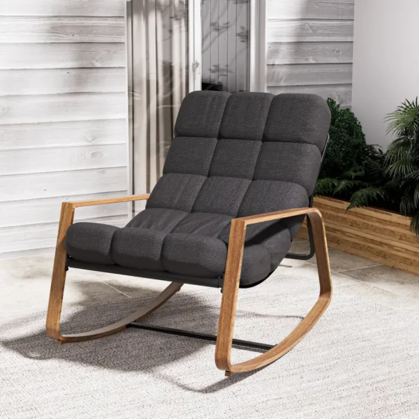 Outdoor Modern Rocking Chair with Water-Resistant Fabric & Walnut-Finish Legs