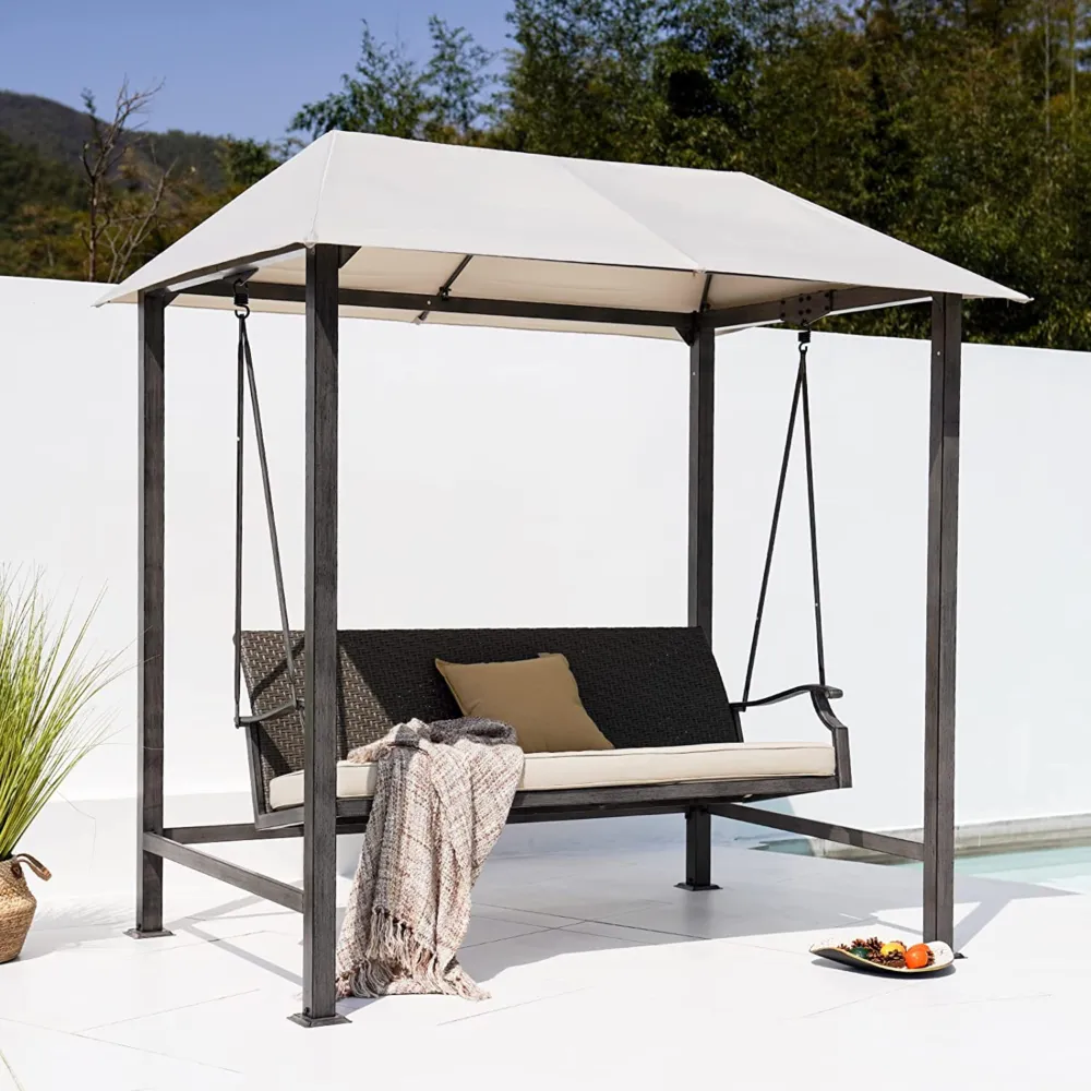Outdoor Porch Swing 3-Seat with Canopy and Removable Cushion for Garden, Backyard, Poolside