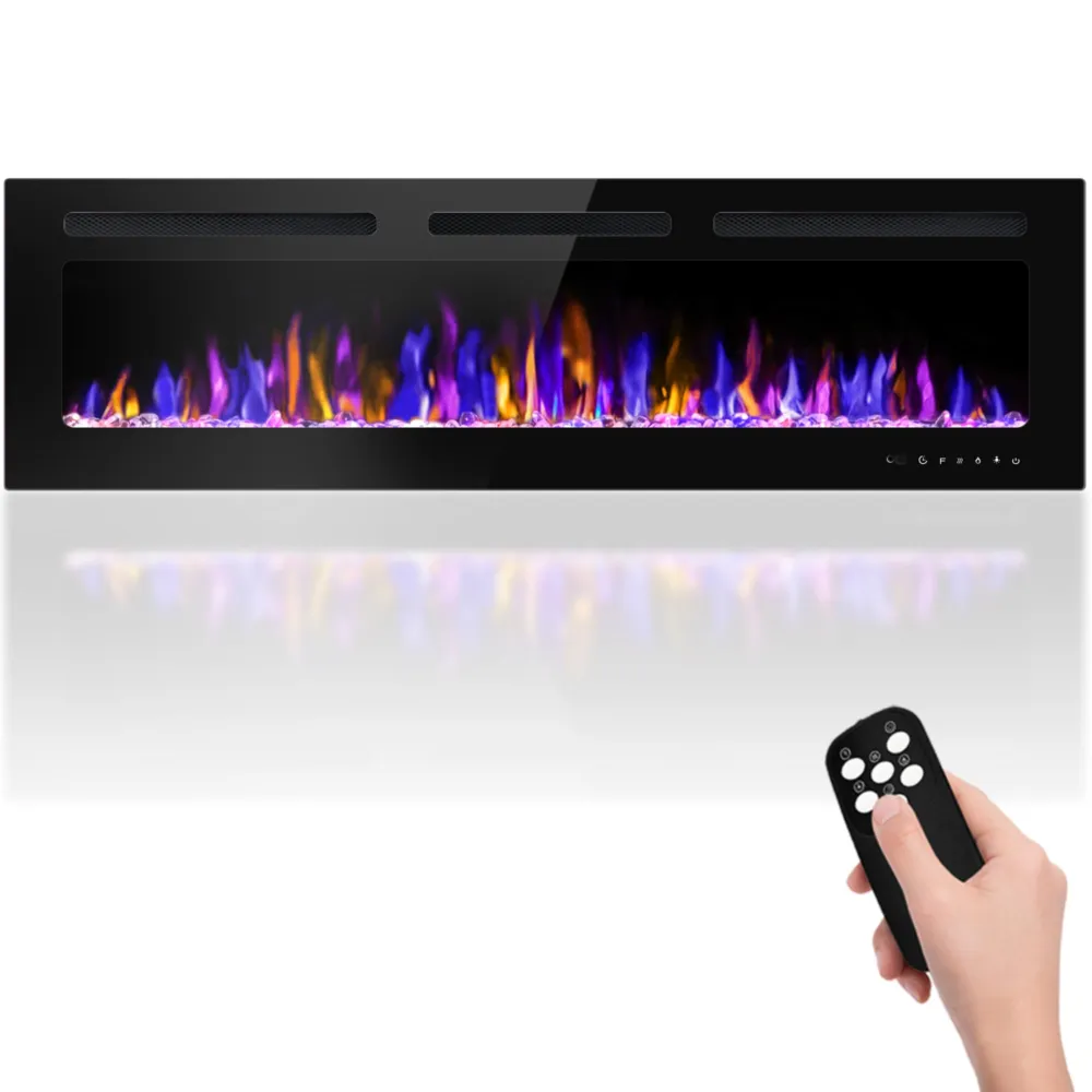 60" Electric Fireplace Wall Mounted and Recessed with Remote Control, 750/1500W Ultra-Thin Wall Fireplace Heater W/Timer Adjustable Flame Color and Brightness, Log Set & Crystal Options