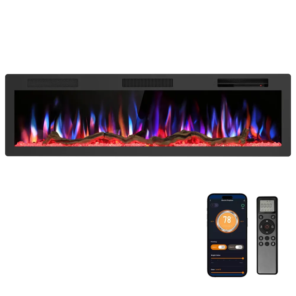 R.W.FLAME 60" Recessed and Wall Mounted Smart Electric Fireplace, Alexa/WiFi Enabled, APP Control with Multiple Sound Modes, Remote Control with Timer, Adjustable Flame Colors and Speed