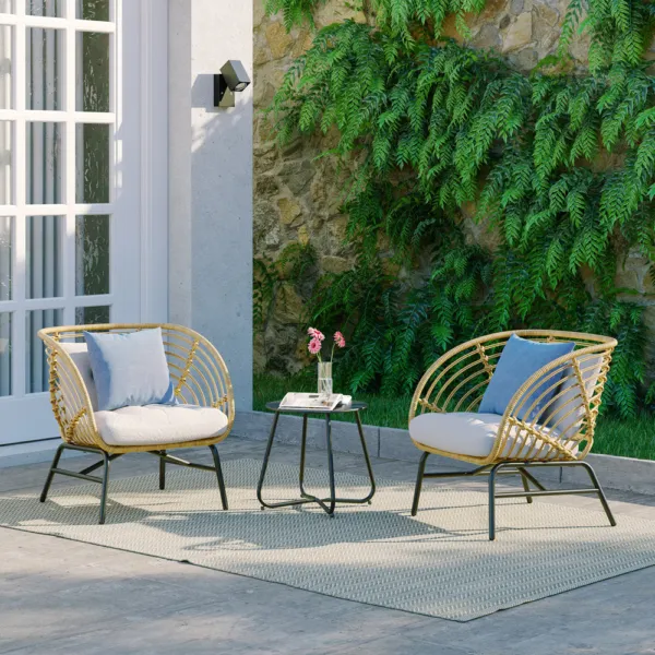 Outdoor Wicker Sofa 5-Piece Set with Beige Thick Cushions, with Patio Coffee Table
