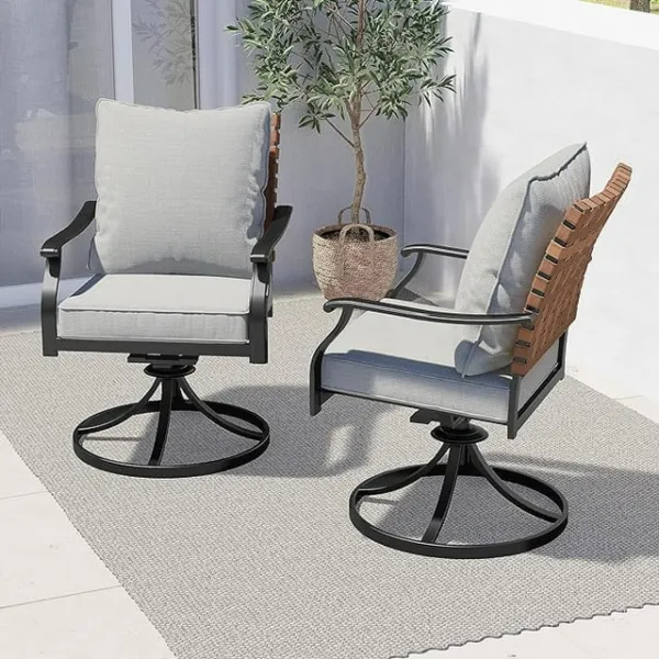Outdoor Dining Chair, Steel Leather-Look Wicker 360-Degree Swivel Patio Chair