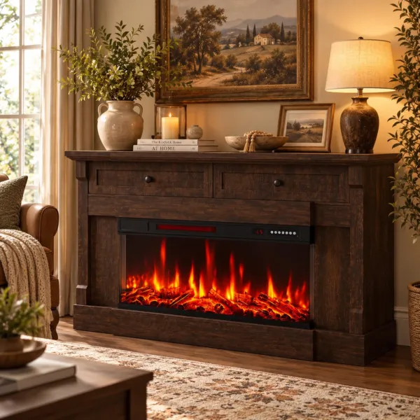 BREEZEHEAT Electric Fireplace with Mantel, 61" Farmhouse TV Stand