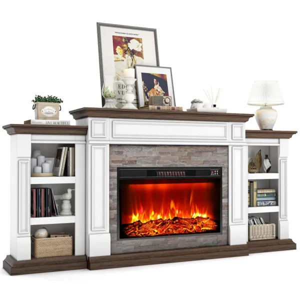 80" Fireplace TV Stand for TVs Up to 90 Inch, Electric Fireplace with Mantel, Farmhouse Entertainment Center with Storage, Fireplace Insert with Realistic Stacked Stone Surround for Living Room