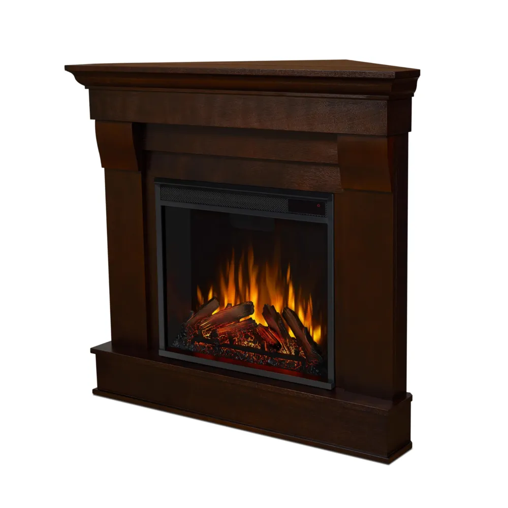 Real Flame Chateau 41" Corner Electric Fireplace with Mantel for Living Room or Bedroom, Replaceable Fireplace Insert Heater, Realistic Log and Flame Effect, Remote Control, Timer - Dark Walnut