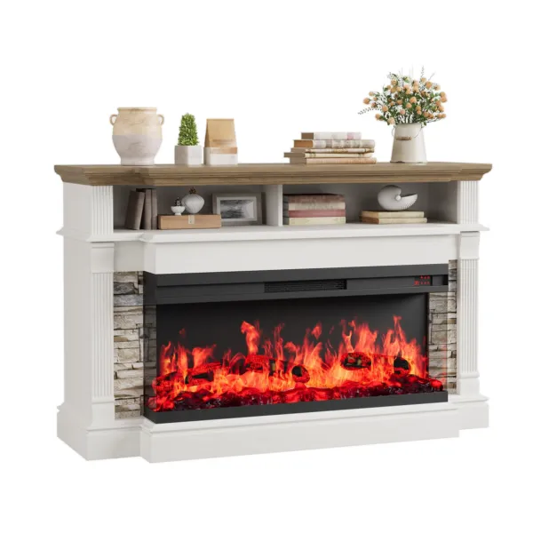 Fireplace TV Stand for TVs up to 65", Farmhouse 52" Fireplace Entertainment Center with 36" 3-Side Glass Electric Fireplace, TV Console with Open Storage Shelves for Living Room, Antique White