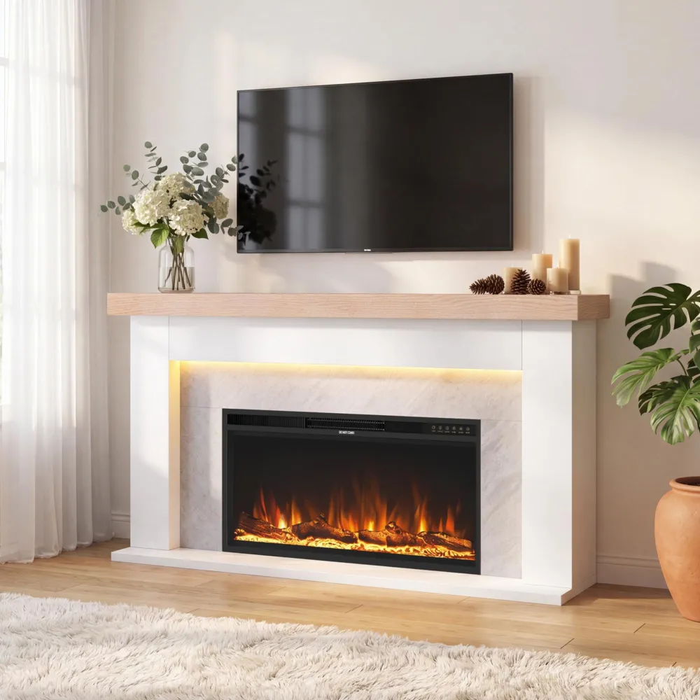 62" Freestanding Electric Fireplace Mantel,Remote & APP Dual Control,36" Replaceable Heater Insert for Living Bedroom.
