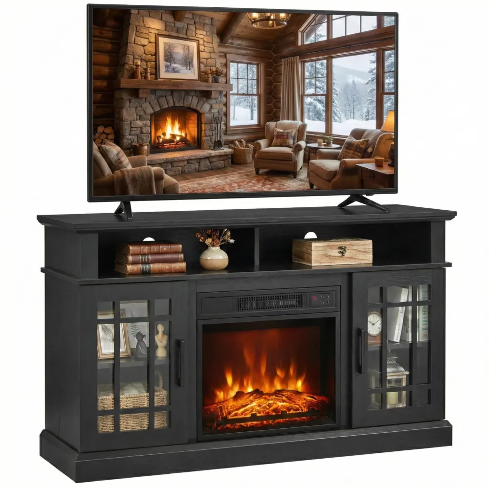 SIMOE Modern 48 Inch Electric Fireplace TV Stand, Black