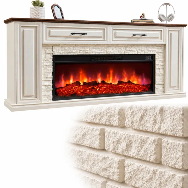 70" Fireplace TV Stand with Cabinet Drawers, Electric Fireplace with Mantel