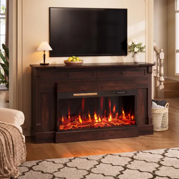 61" Electric Fireplace with Mantel, Fireplace TV Stand, Walnut