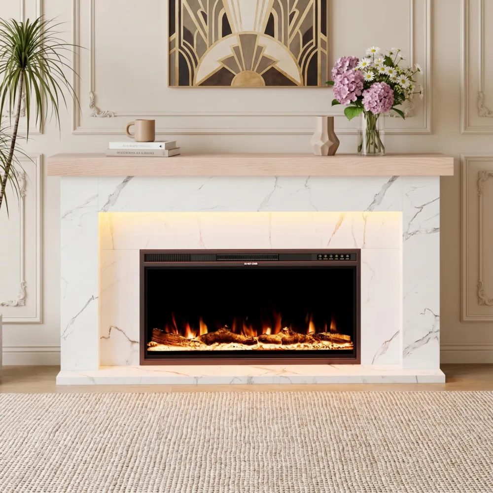 62“ Electric Fireplace with Mantel, Replaceable 36” Fireplace Insert Heater, 3D Realistic Log and Flame Effect, Remote Control, Timer, White Marble Finish TV Stand for Living Room Bedroom