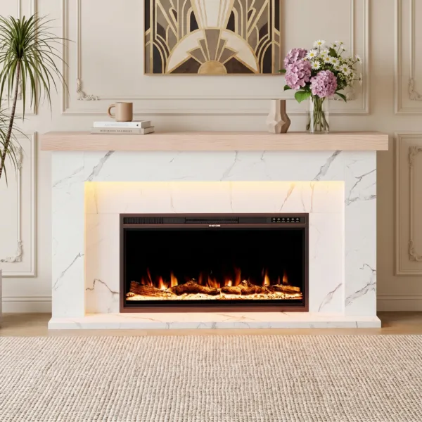 62“ Electric Fireplace with Mantel, Replaceable 36” Fireplace Insert Heater, 3D Realistic Log and Flame Effect, Remote Control, Timer, White Marble Finish TV Stand for Living Room Bedroom