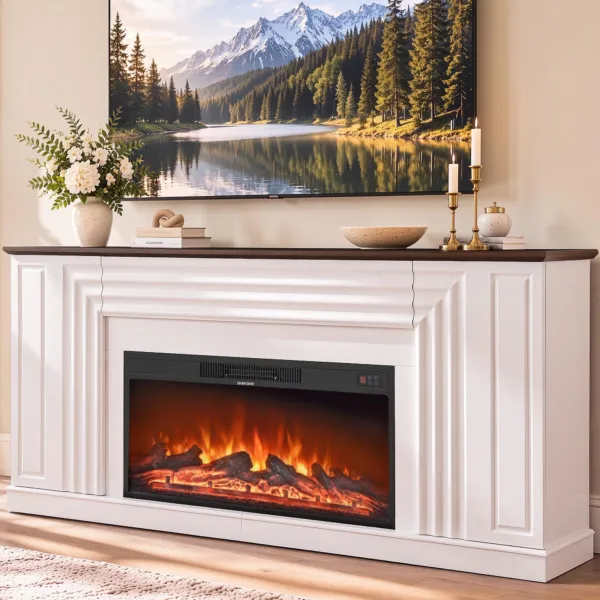 YITAHOME 70" Electric Fireplace TV Stand, 12-Color LED Flames, White