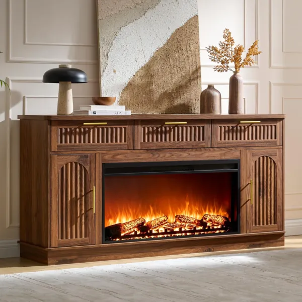 Fireplace TV Stand for 75" TV, 36" Electric Fireplace with Mantel, Walnut