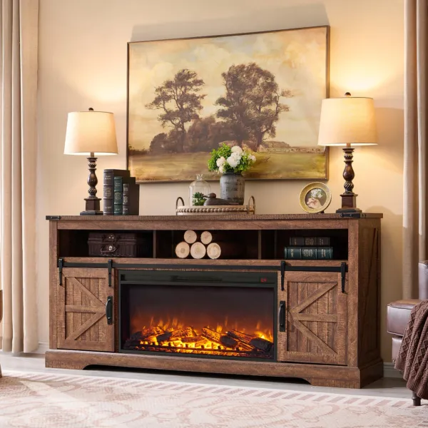 OKD 70" Farmhouse Fireplace TV Stand, Reclaimed Barnwood