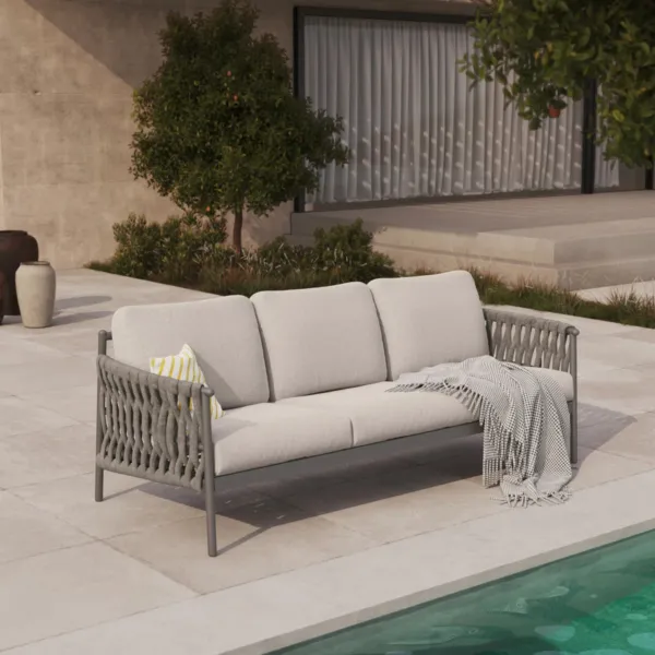 3-Seat Outdoor Conversation Sofa with Hand-Woven Cotton Rope & Thick Cushions