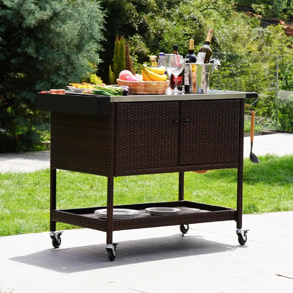 Tietsia Bar Cart, Rolling Wicker Bar Cart w/Storage Cabinet